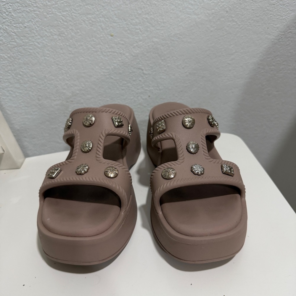 Skechers Foamies Mauve Taupe Studded H-Strap Platform Slide Sandals Womens 8